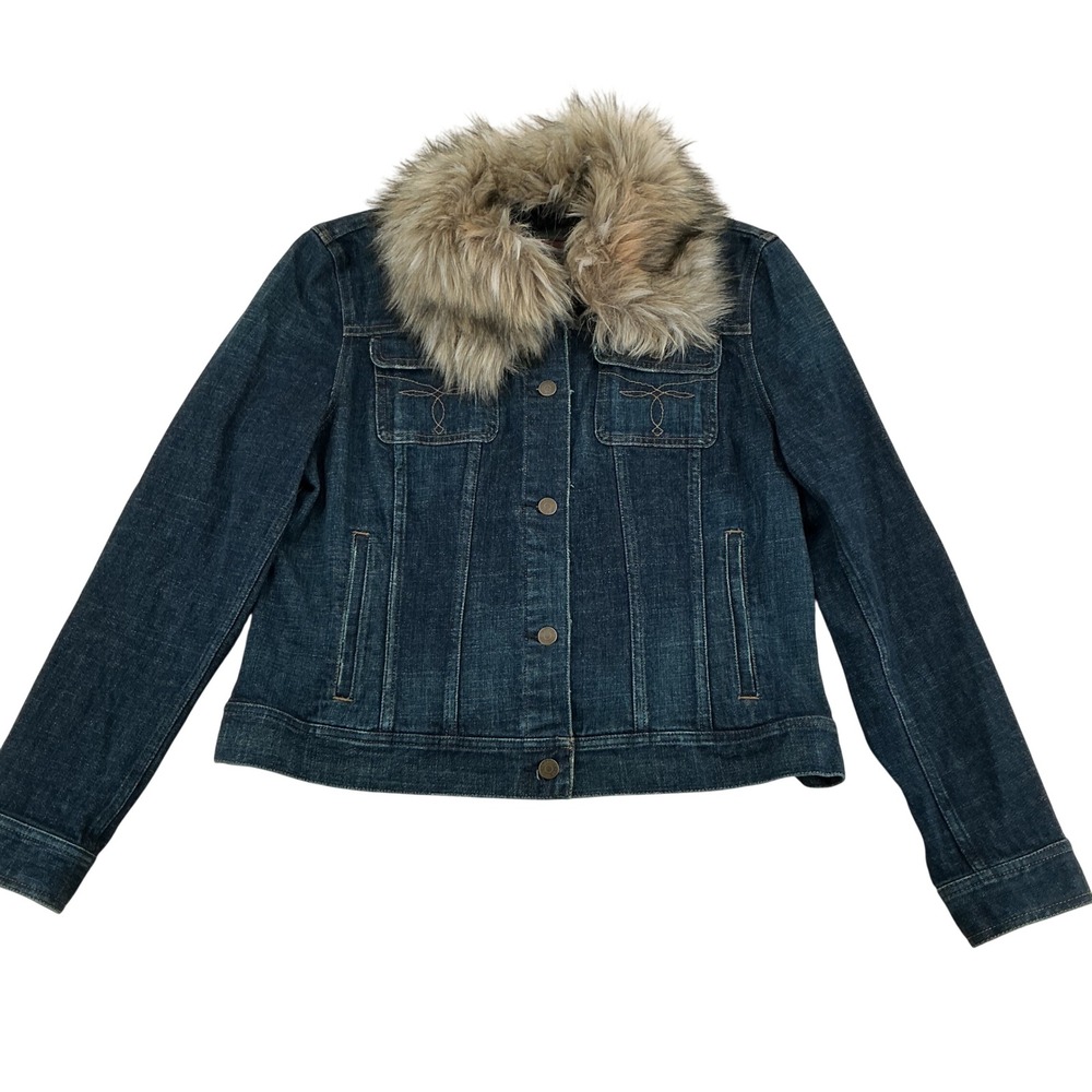 Lauren Ralph Lauren Denim Jacket XL Blue Faux Fur Collar Trucker Classic Y2K